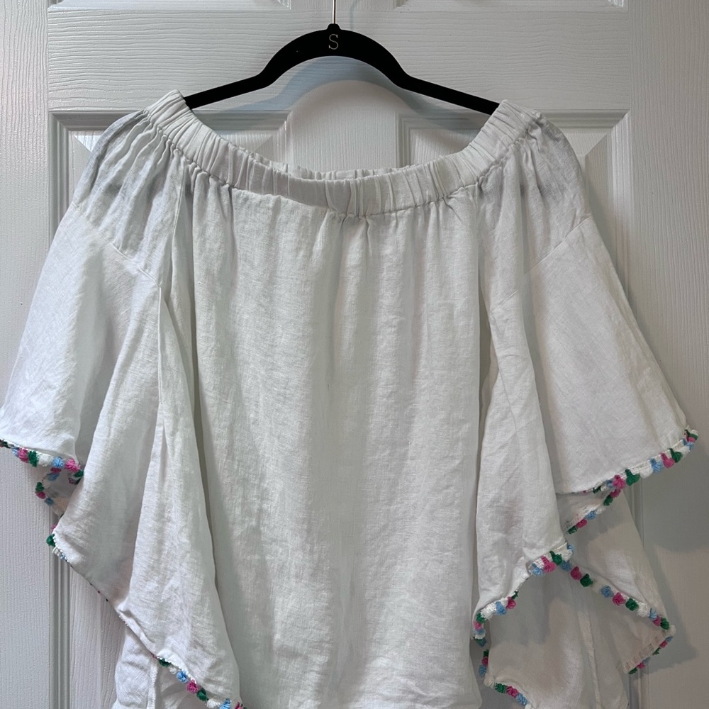 Zara Off Shoulder White Linen Ruffled Pom Pom Multicolor Accents Top Size Small